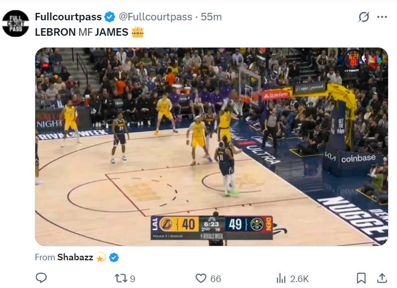 41岁仍能平框暴扣！勒布朗在场+13助湖人重返第六 轰19+9+8超全面